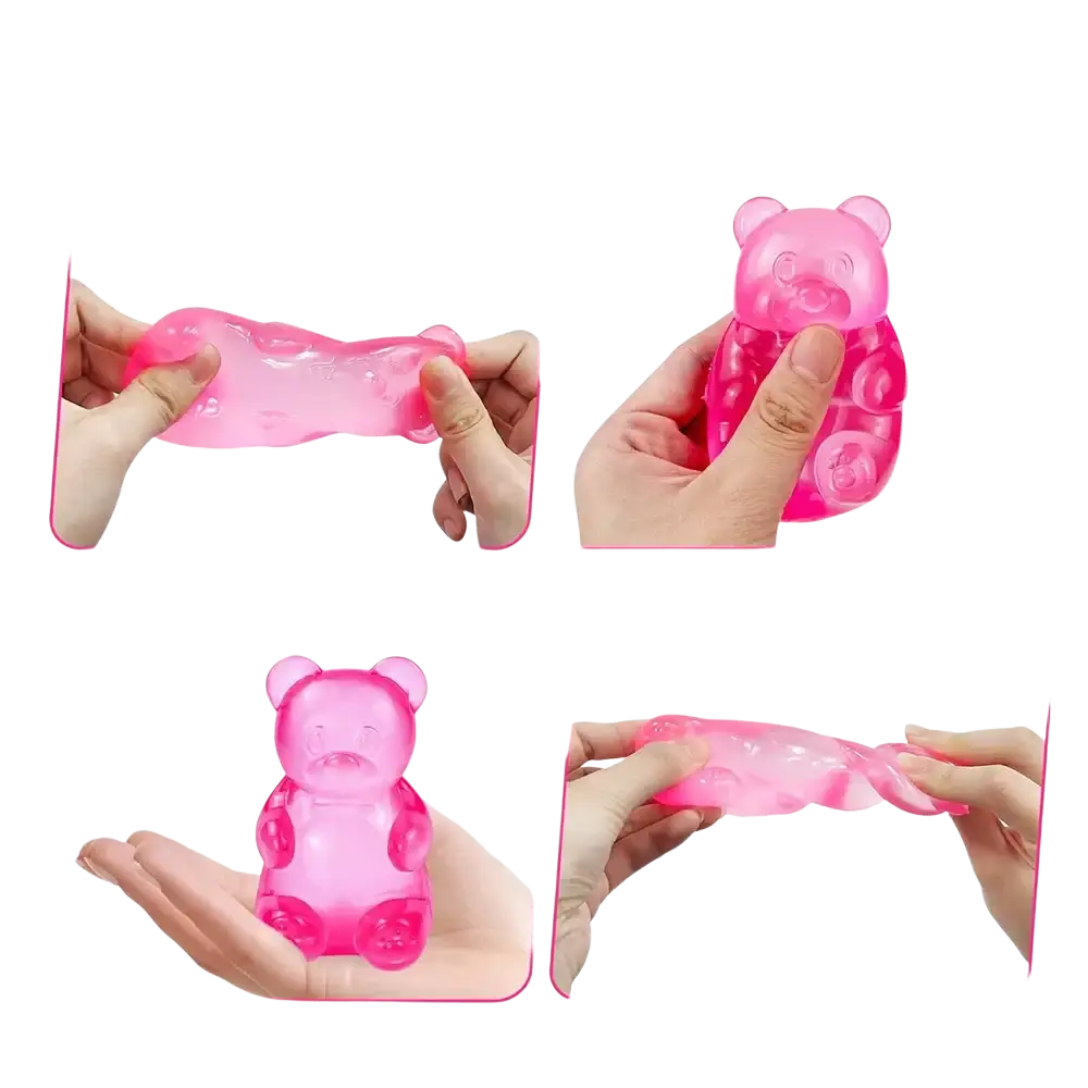 Pink gummy bear sensory fidget toy made of translucent material for stress relief and sensory engagement