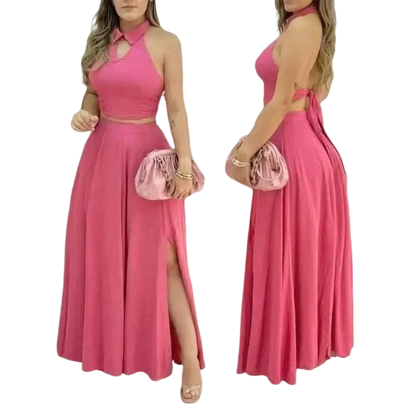 Pink halter two piece set with closure type featuring a maxi skirt and halter top in a soft fabric