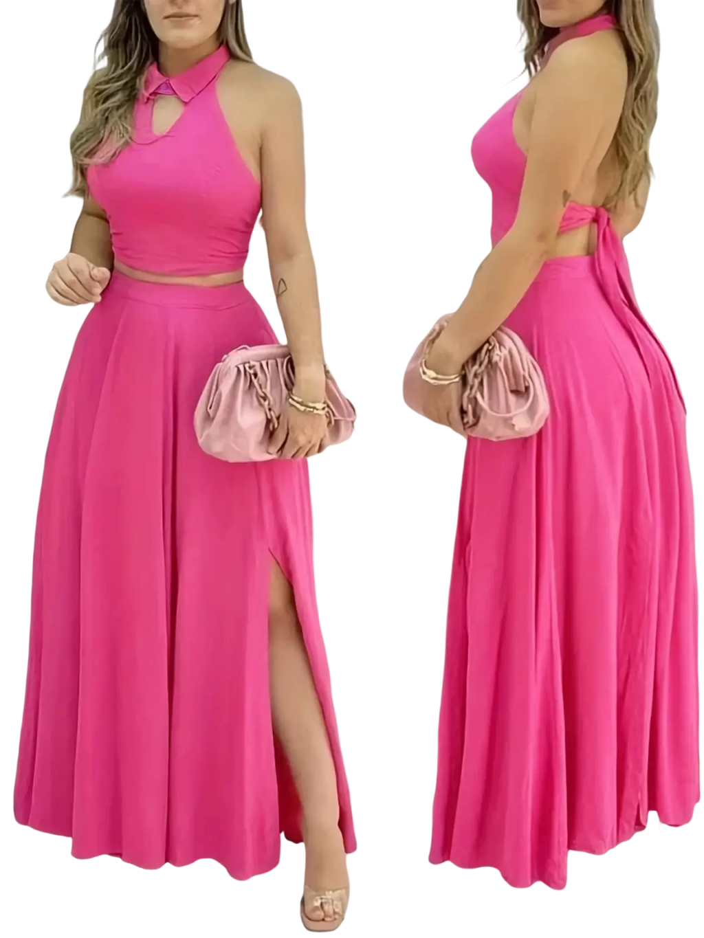 Fuchsia pink two-piece halter dress set with high neckline, side slit, wide-leg skirt, and tie closure type piece set