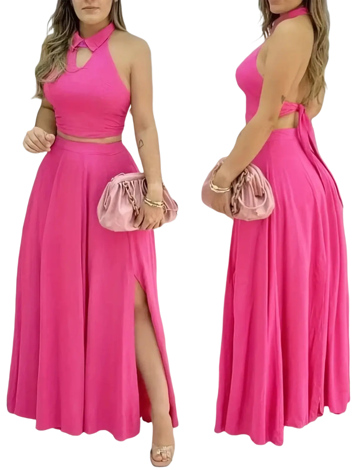 Fuchsia pink two-piece halter dress set with high neckline, side slit, wide-leg skirt, and tie closure type piece set