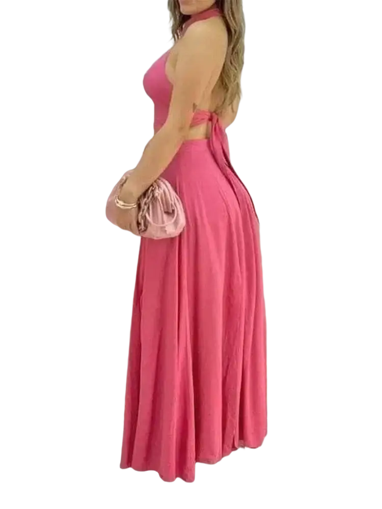 Pink halter two piece set maxi skirt with a vibrant pink halter neck dress featuring back tie closure detail