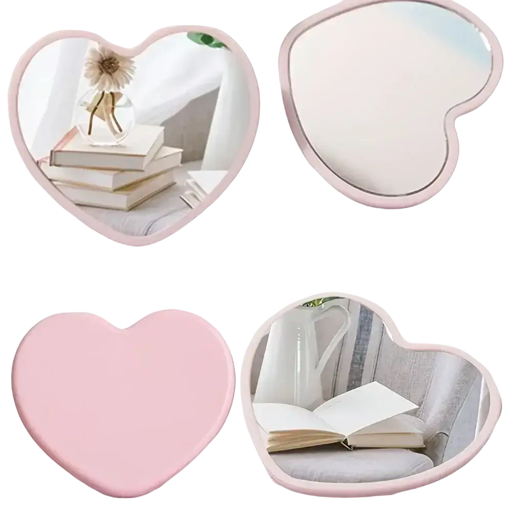 Pink heart-shaped compact mirror with smooth glossy finish ideal for bridal shower favors and shower favors sets