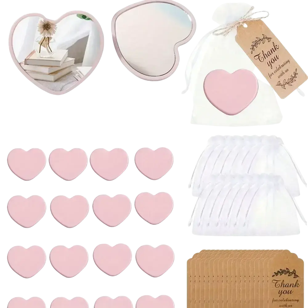 Pink heart bridal shower favors set featuring soft matte finish mirrors with delicate white frames ideal for shower favors