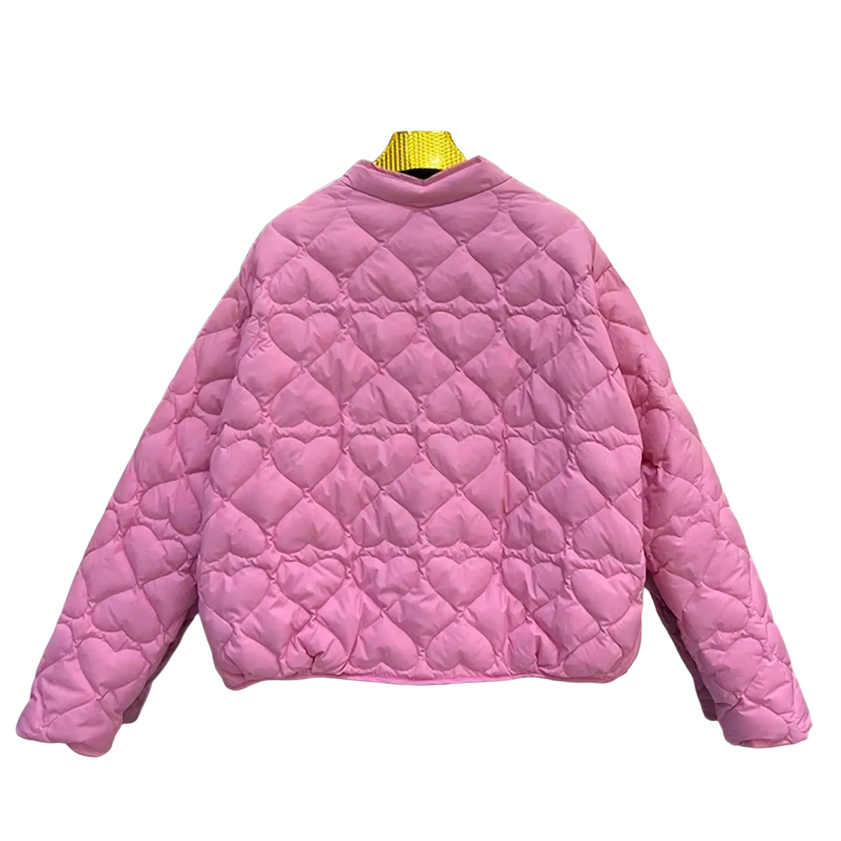 Pink heart quilted puffer jacket with stand-up collar featuring a warm padded design for cold weather wear