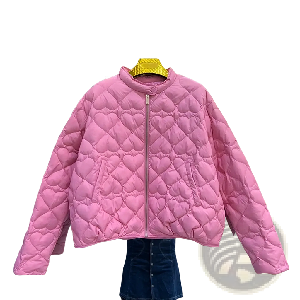 Pink heart quilted puffer jacket with stand-up collar and front zipper in a warm, stylish design