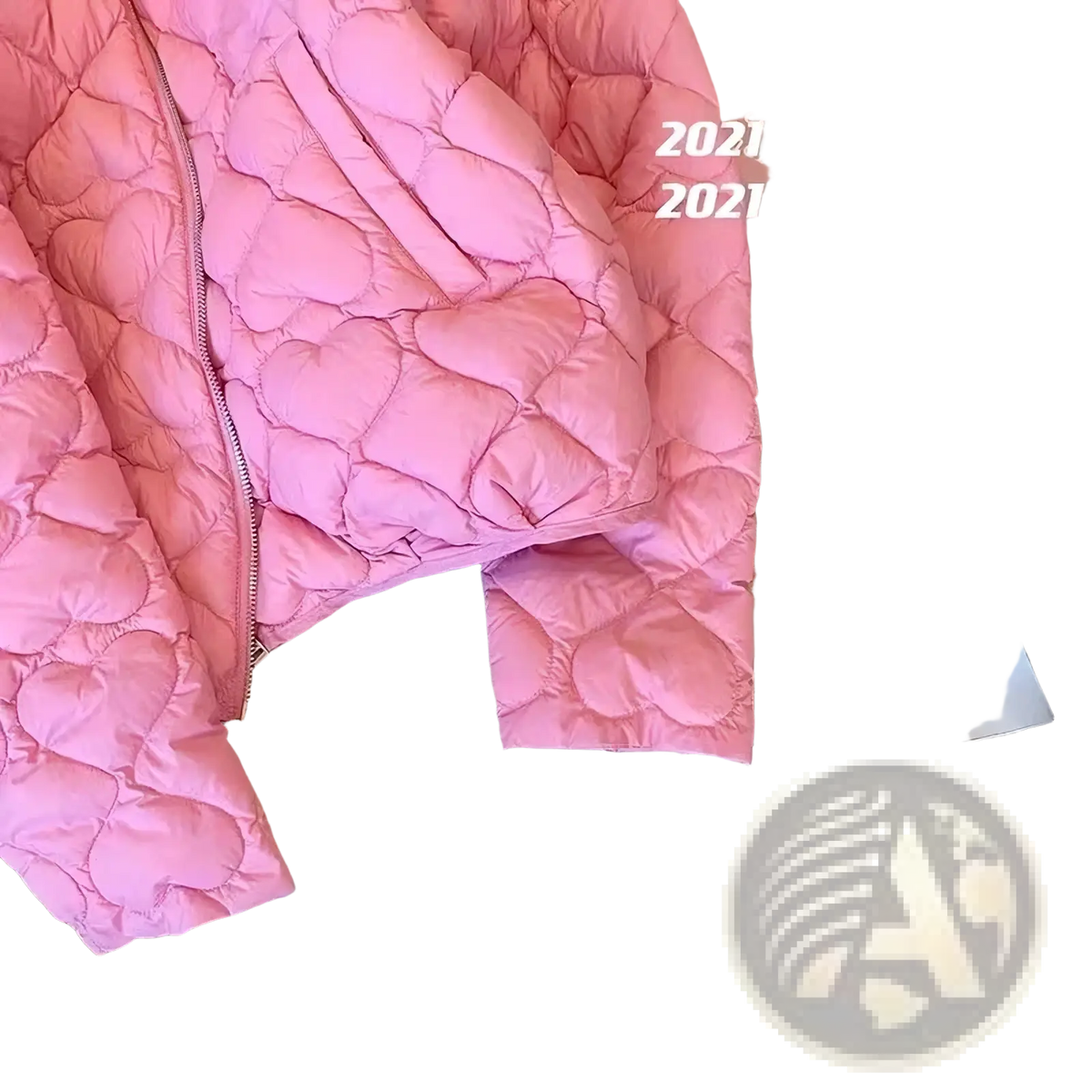 Pink heart quilted puffer jacket featuring a quilted design with heart-shaped stitching in pink color