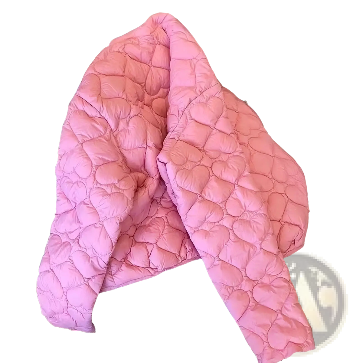 A soft pink quilted puffer jacket with heart-shaped stitching pattern designed for warmth and style