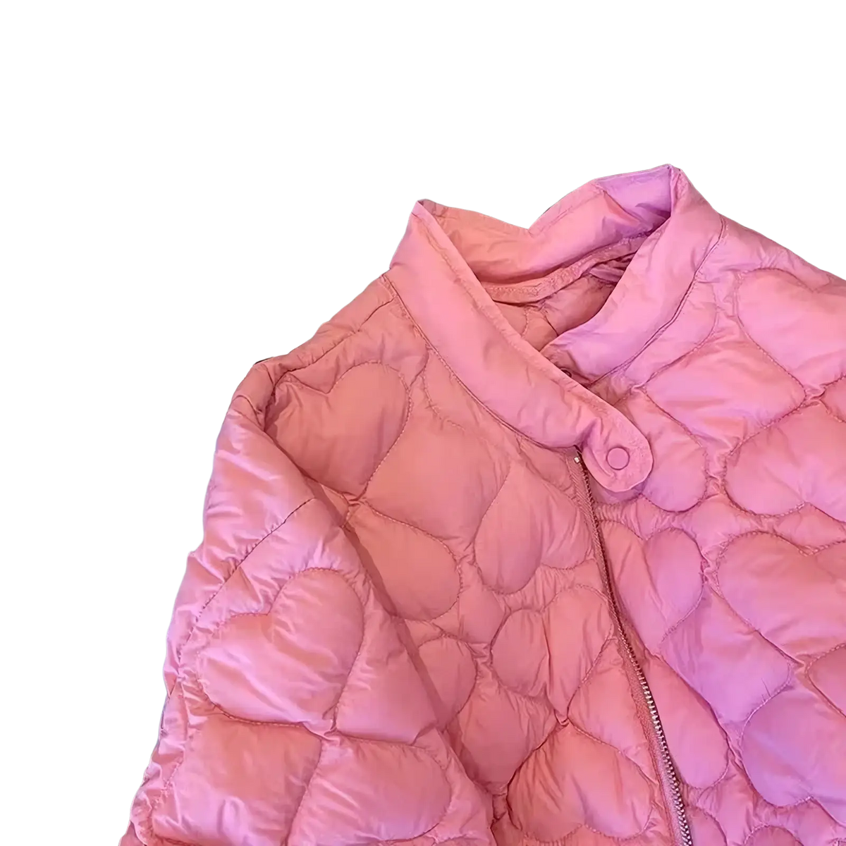 A soft pink heart quilted puffer vest with a stand-up collar made of insulated material