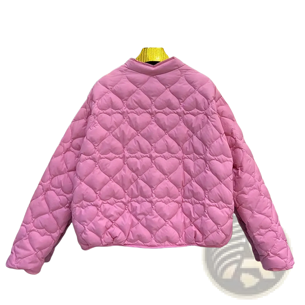 Pink heart quilted puffer jacket with stand-up collar featuring a warm padded design for cold weather wear