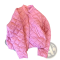 A soft pink quilted puffer jacket with heart-shaped stitching and a stand-up collar, ideal for cold weather