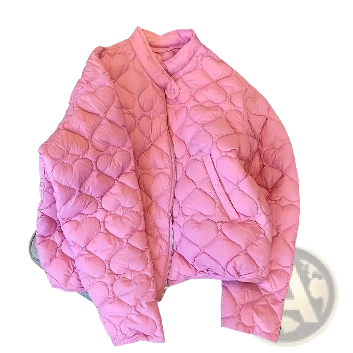 A soft pink quilted puffer jacket with heart-shaped stitching and a stand-up collar, ideal for cold weather