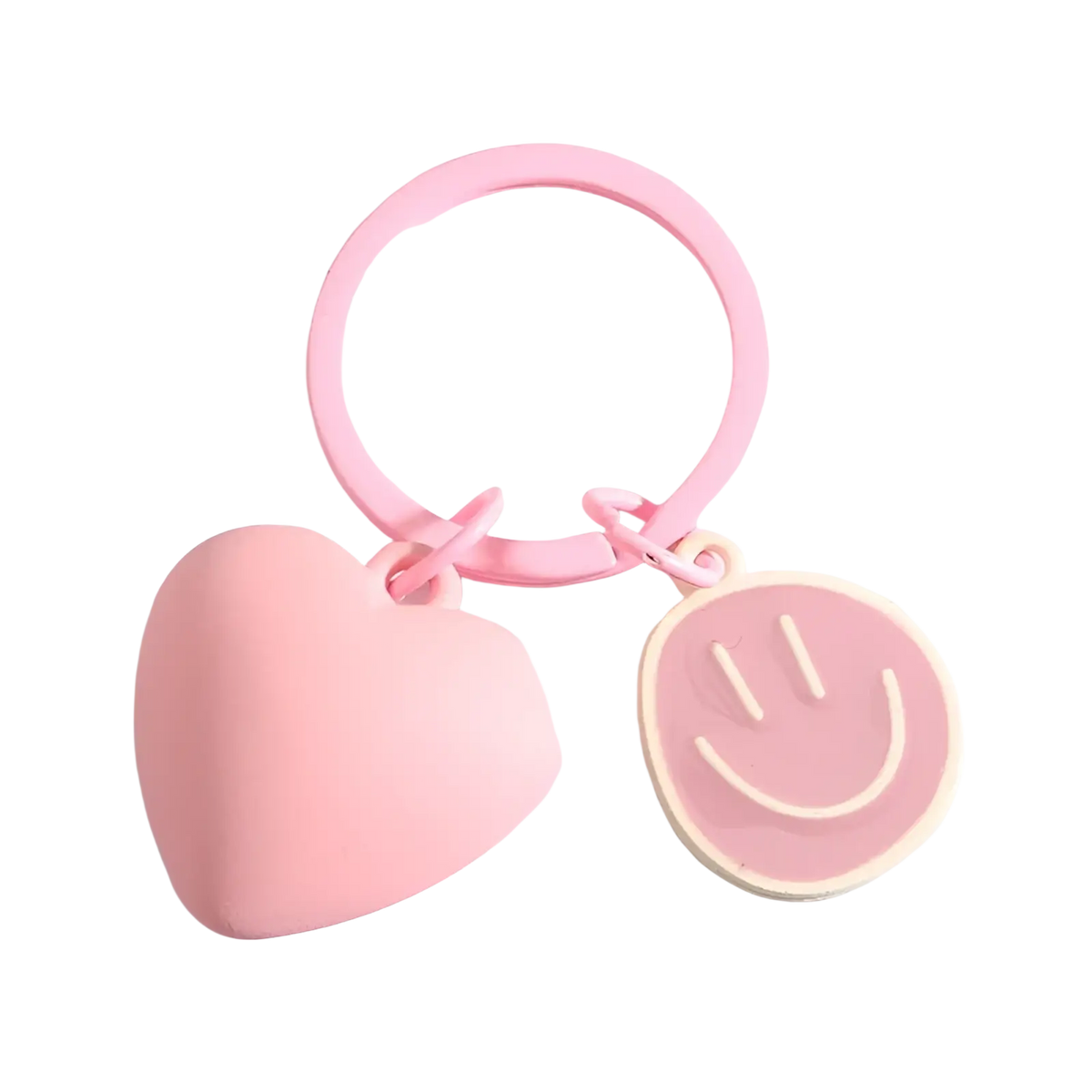 Pink silicone keychain featuring a heart-shaped charm and smiley face pendant for stylish accessory use