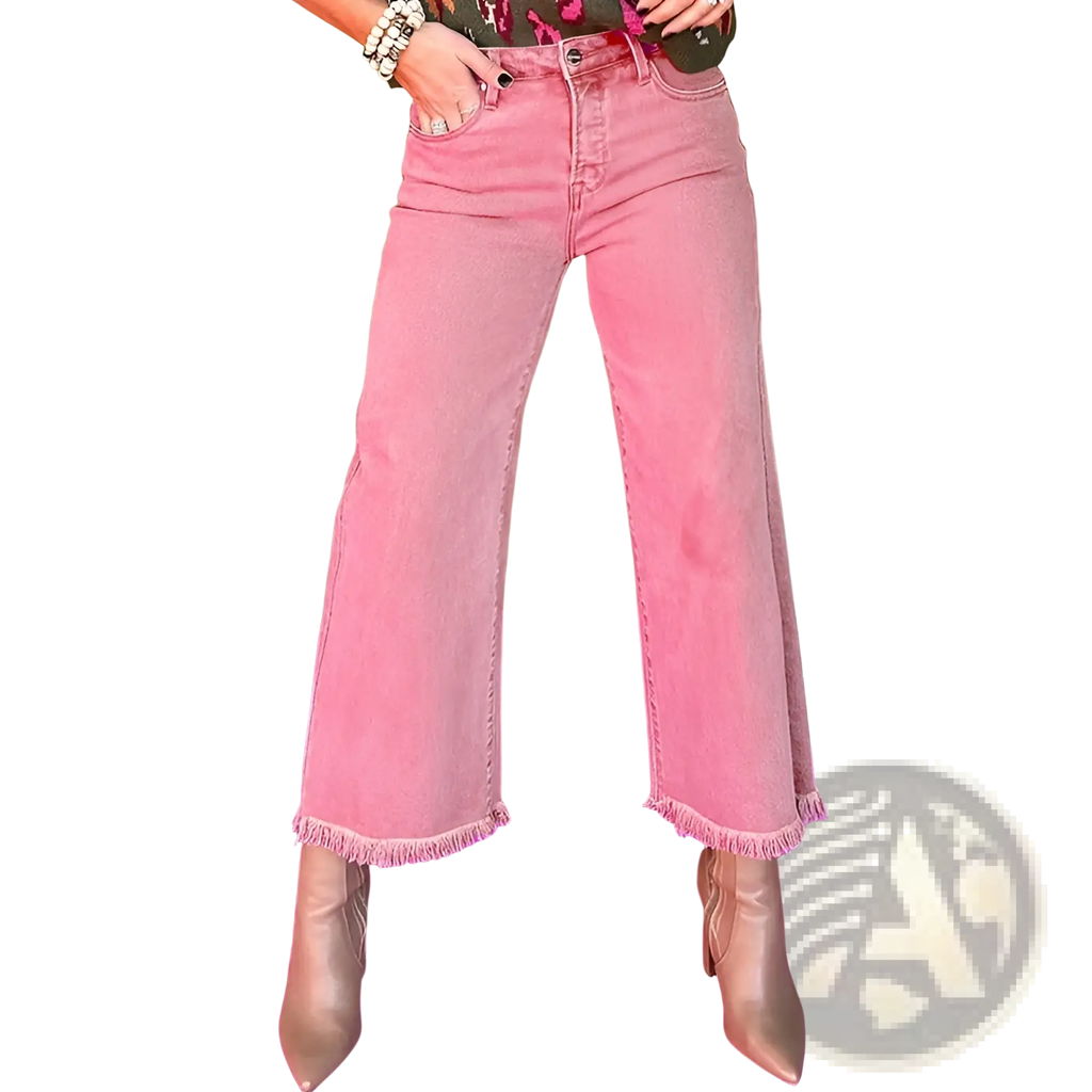 Pink high waist frayed denim wide leg jeans featuring pink wide-leg denim with frayed hems