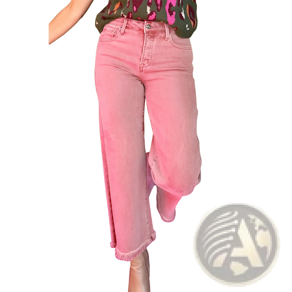 Pink high waist denim jeans with frayed hem and wide leg cut made from durable denim fabric