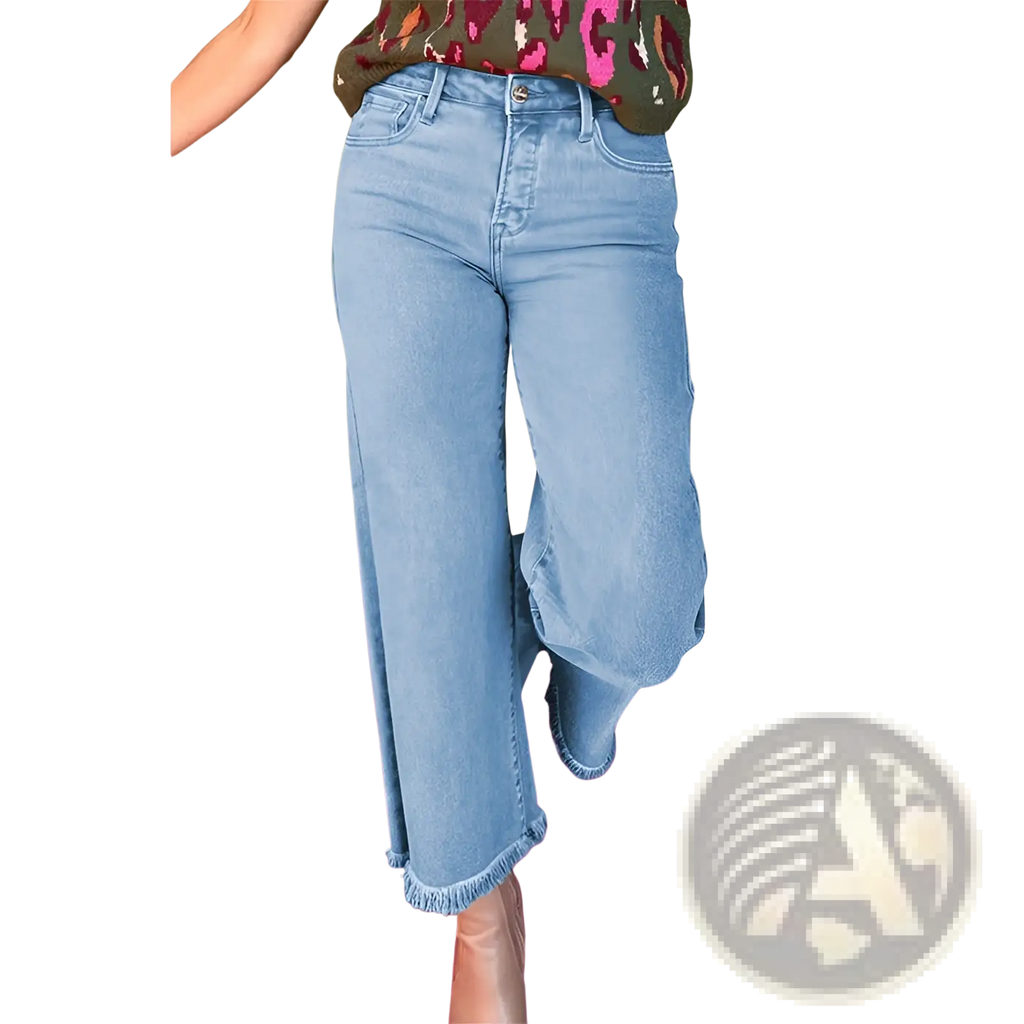 Pink high waist light-wash denim wide-leg jeans with frayed hem made of denim material