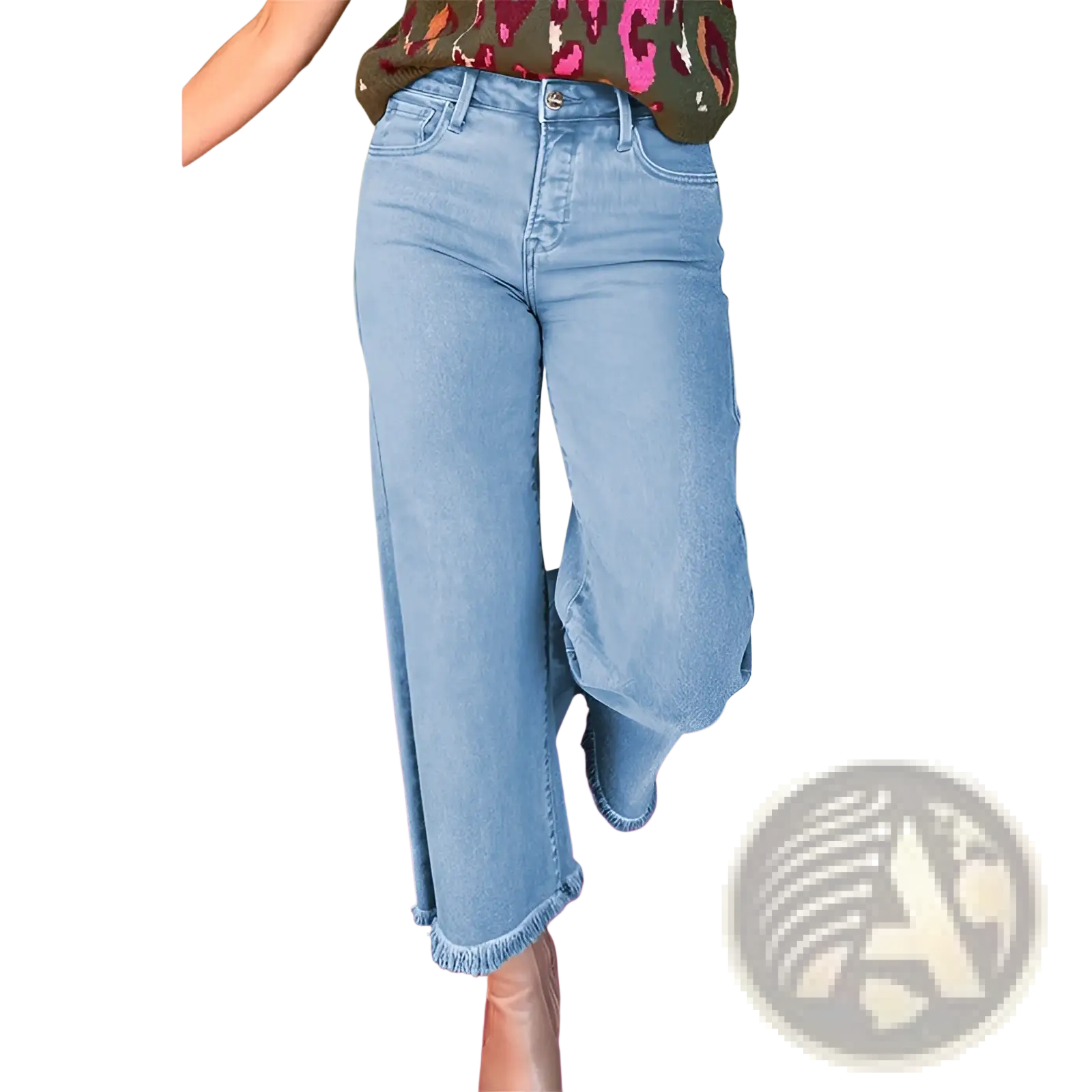 Pink high waist light-wash denim wide-leg jeans with frayed hem made of denim material