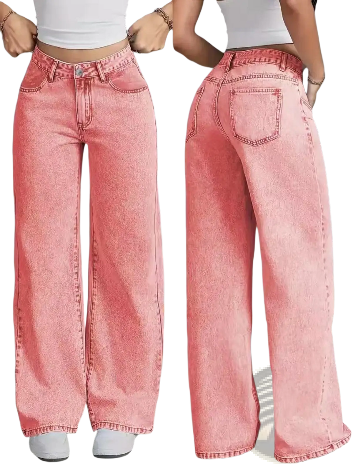 Pink high waist wide leg denim jeans with faded wash and classic five-pocket design