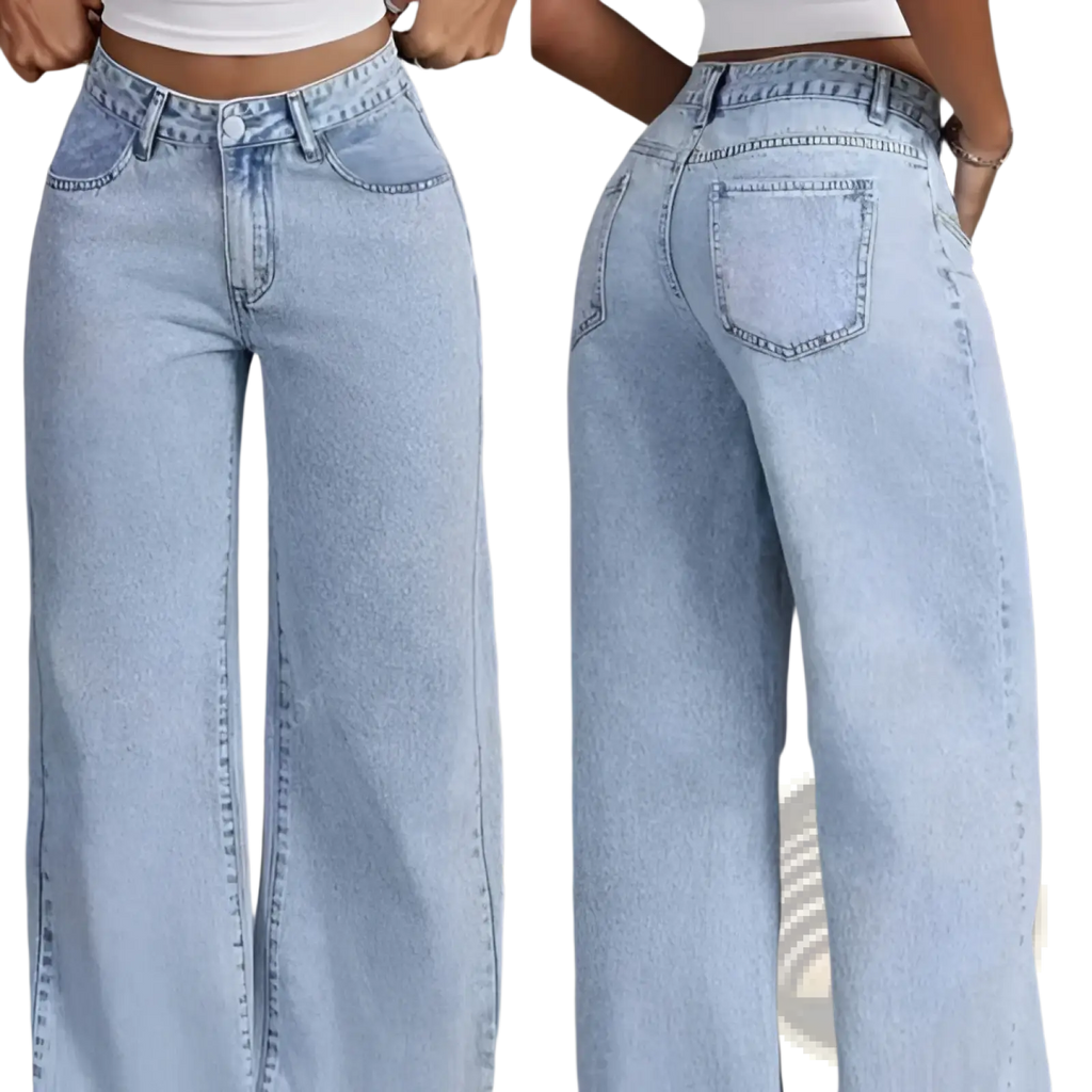 Pink high waist wide leg denim jeans in light-wash denim with high-rise fit button closure and five-pocket design