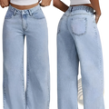 Pink high waist wide leg denim jeans in light-wash denim with high-rise fit button closure and five-pocket design