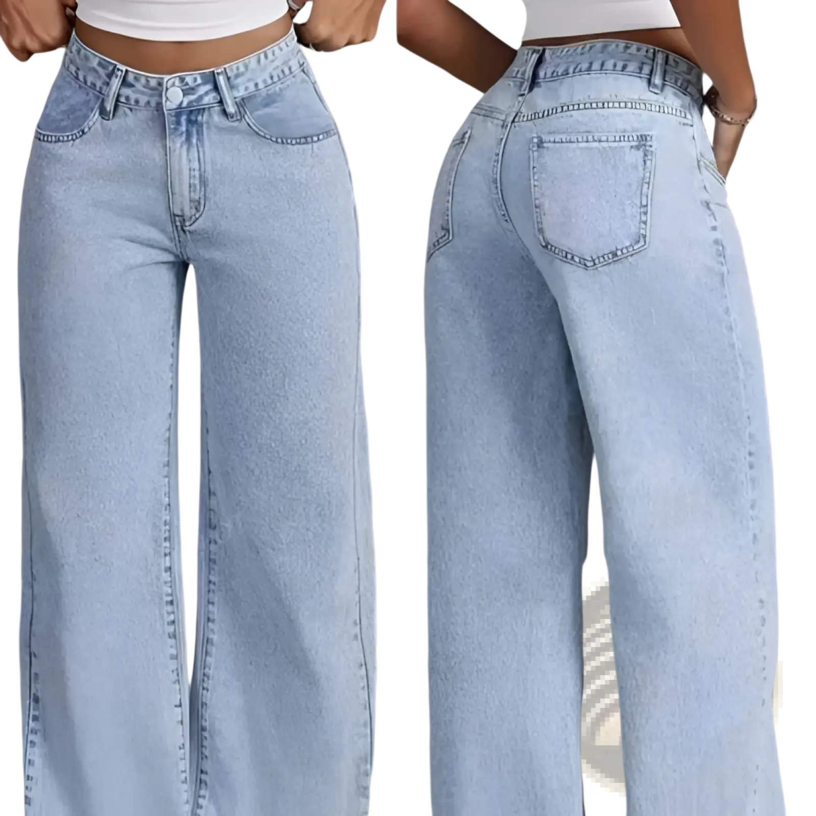Pink high waist wide leg denim jeans in light-wash denim with high-rise fit button closure and five-pocket design