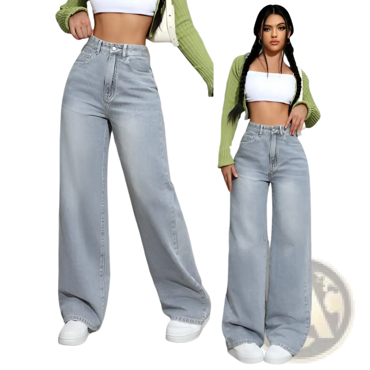 Pink high waist wide leg light-wash denim jeans with a classic five-pocket design and high-rise fit