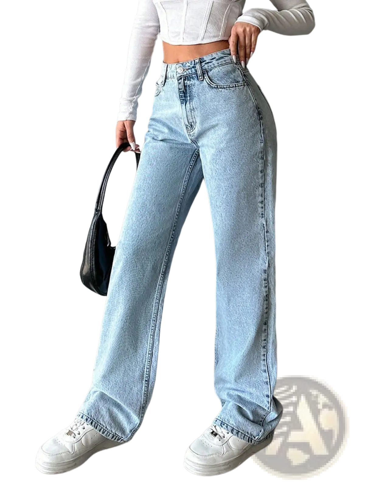 Pink high waist wide leg denim jeans in light-wash with high-rise fit, classic five-pocket design, and frayed hems