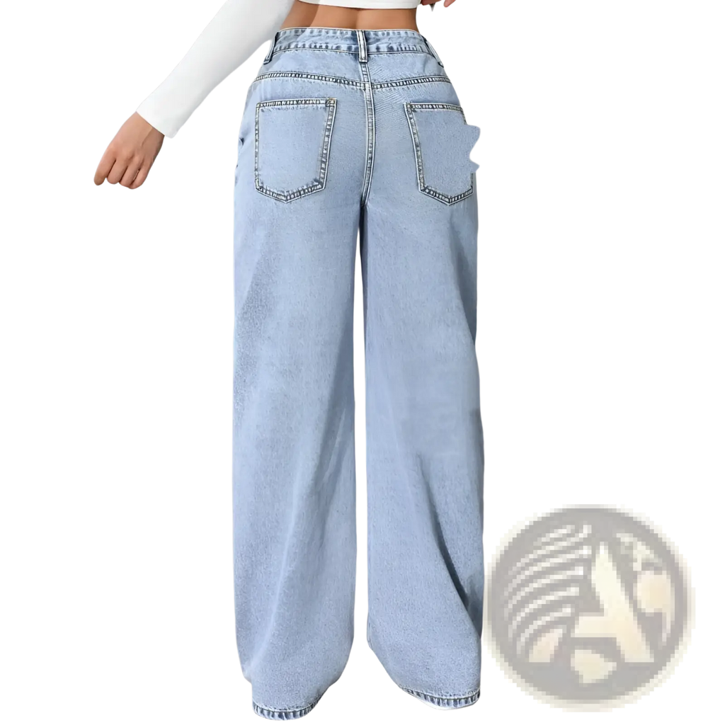 Back view of pink high waist wide leg denim jeans in light-wash denim with classic back pockets