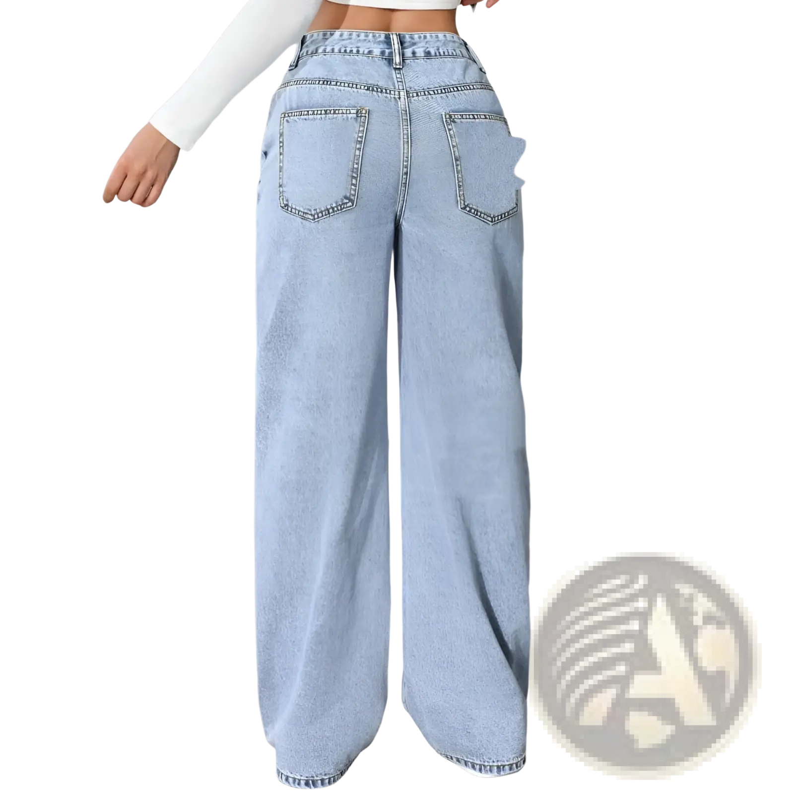 Back view of pink high waist wide leg denim jeans in light-wash denim with classic back pockets