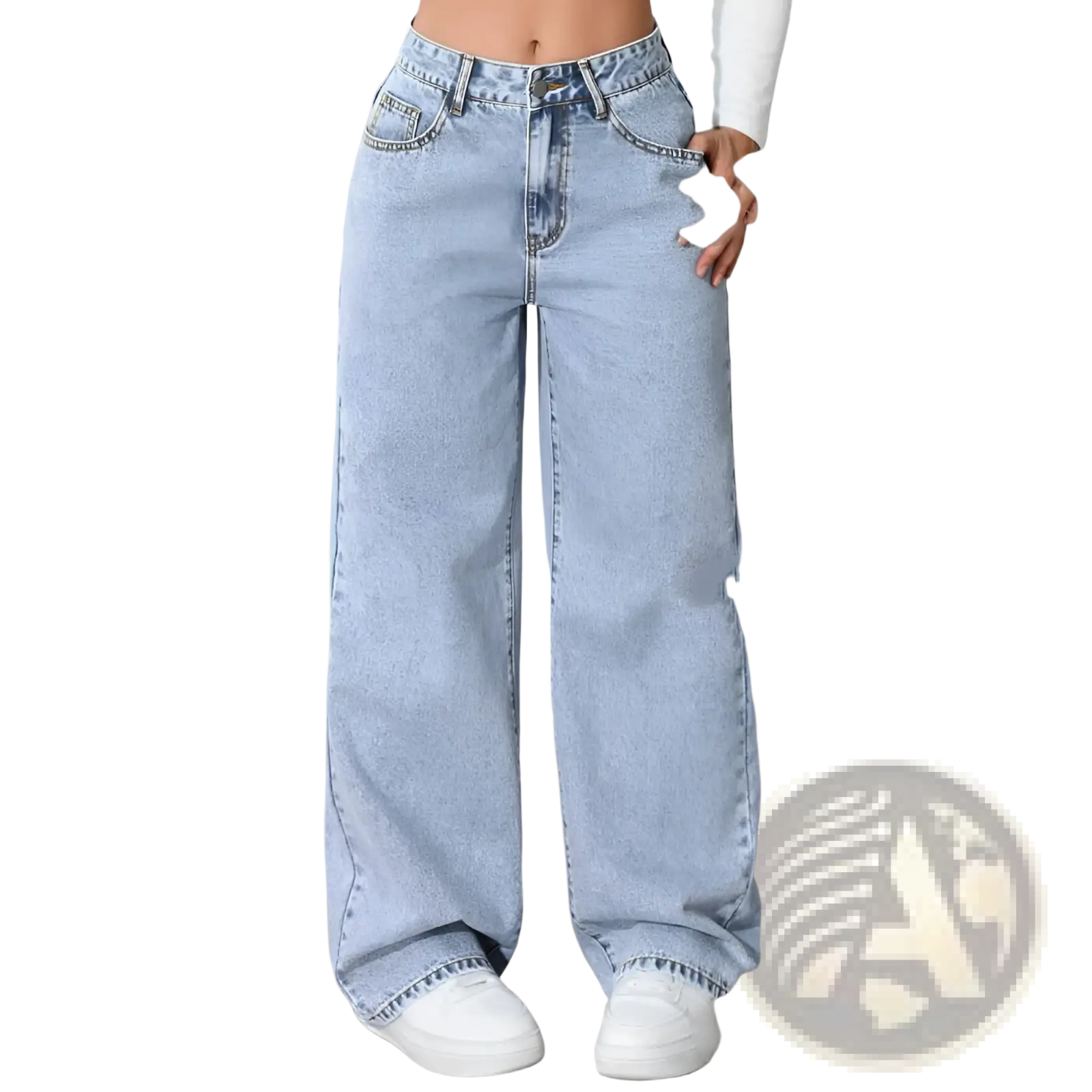 Pink high waist wide leg denim jeans in light-wash with a high-rise fit and classic five-pocket design