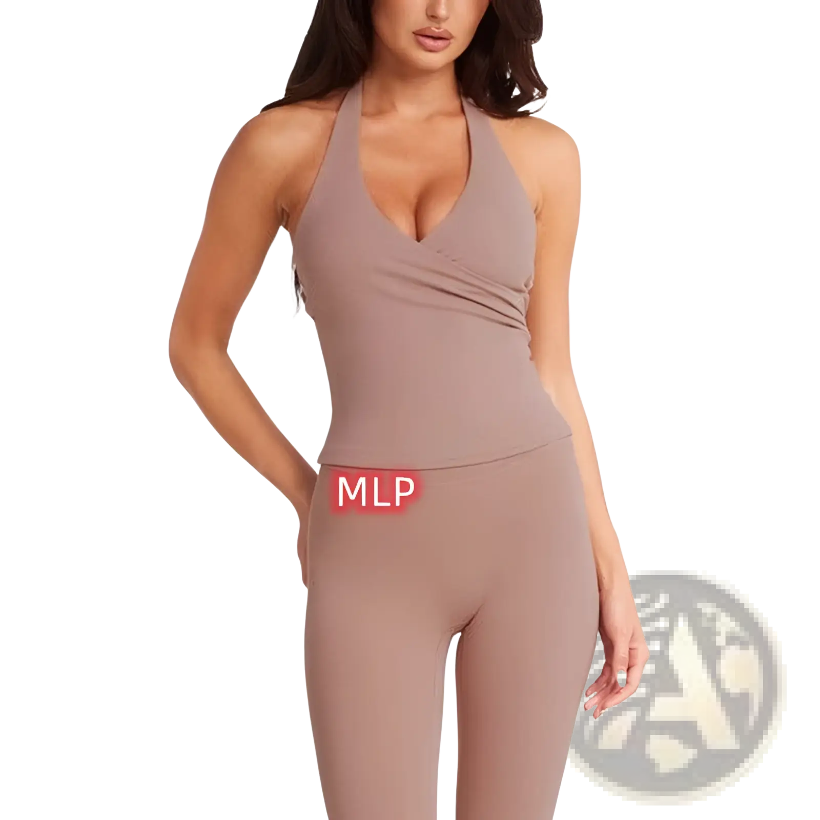 A taupe form-fitting halter top with deep v-neckline and ruching detail paired with pink high-waisted fitness leggings