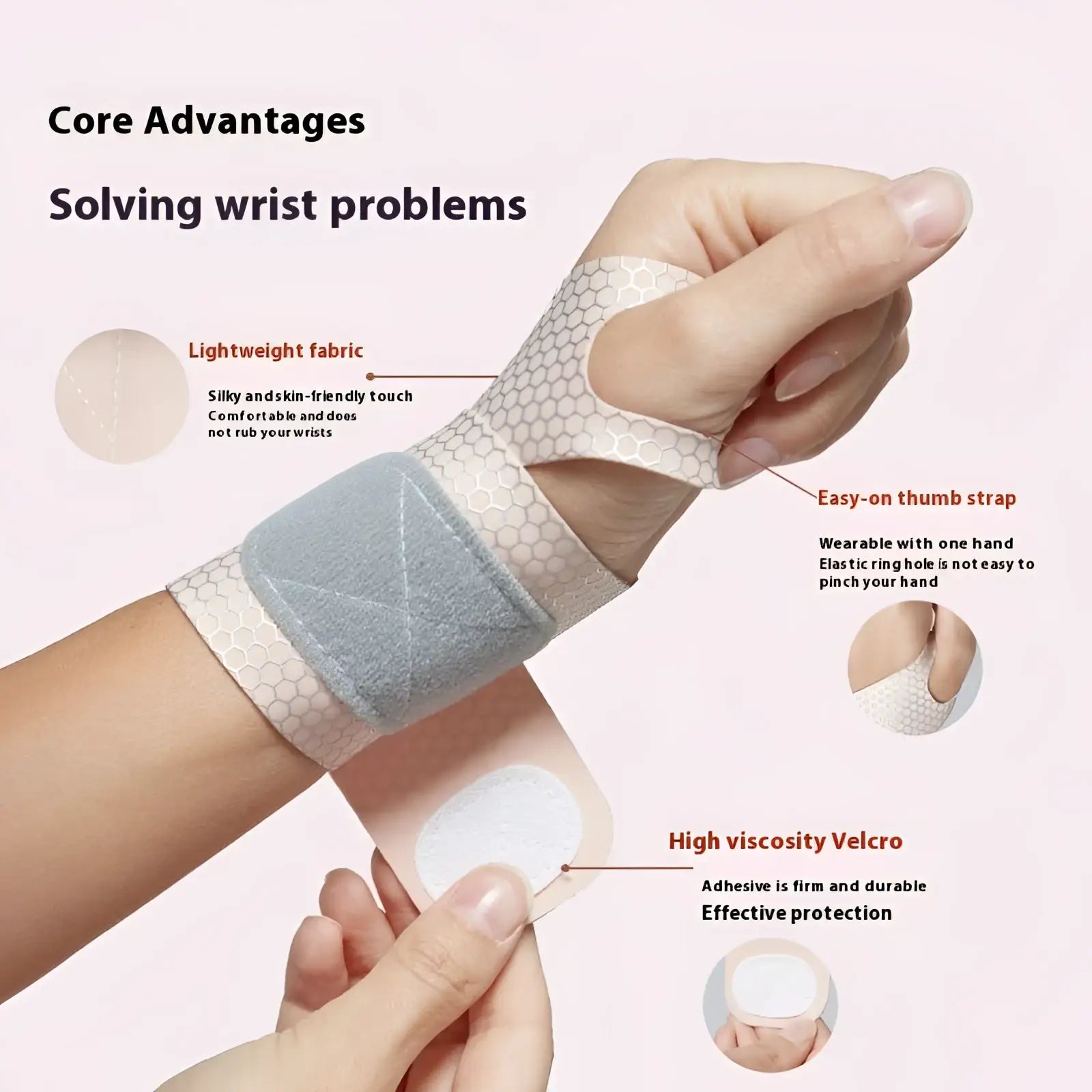 Pink honeycomb wrist guard with lightweight breathable mesh fabric and adjustable velcro strap for sports and sprain recovery