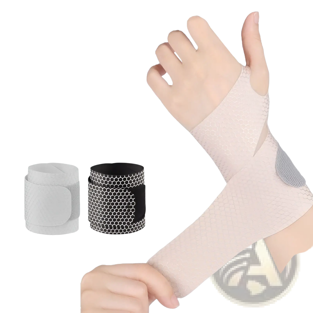Pink honeycomb wrist guard featuring light pink breathable mesh and gray padded compression for sprain recovery