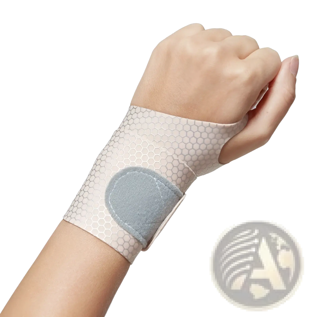 Light gray pink honeycomb wrist guard with hexagonal mesh and soft light blue velcro strap for sports and sprain recovery
