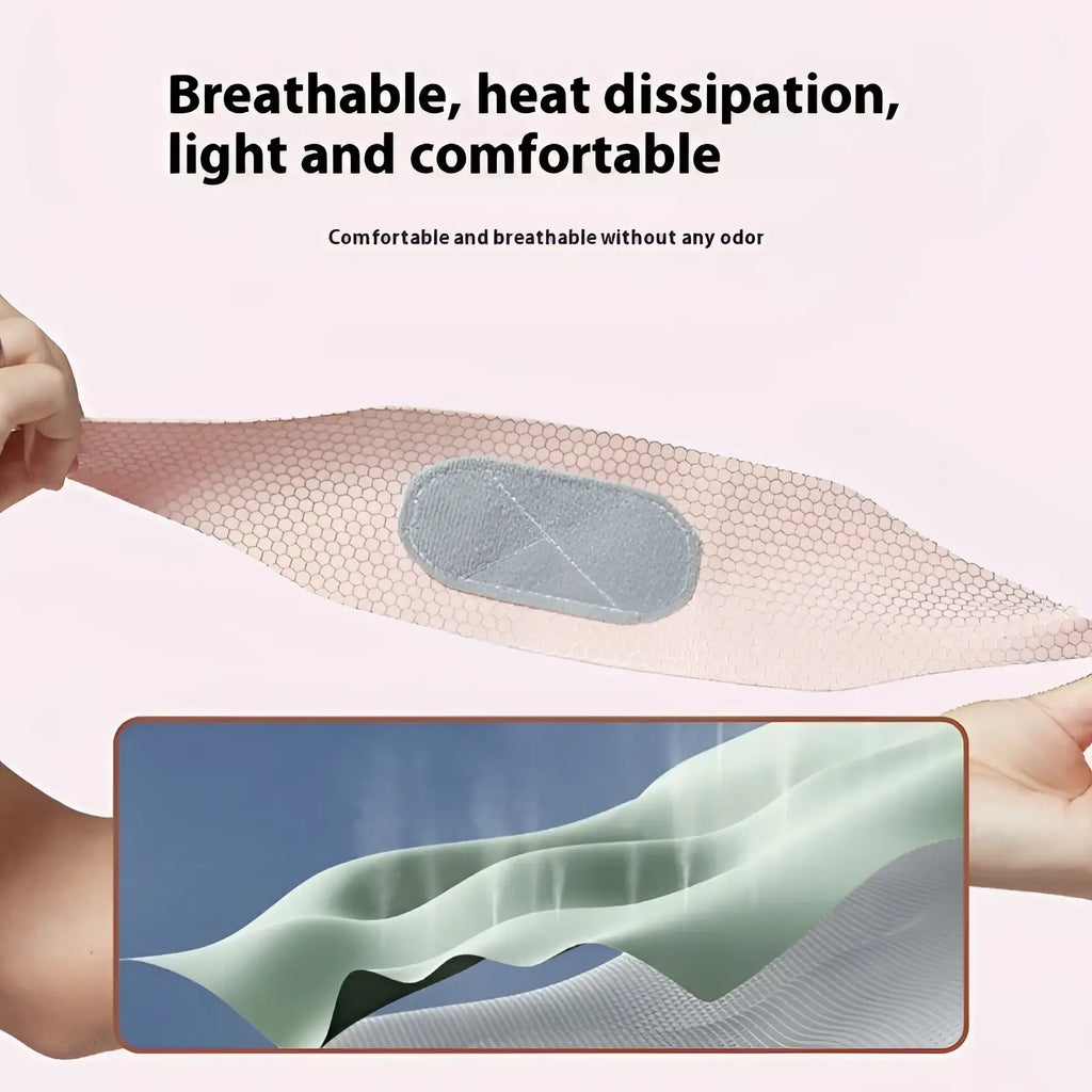 Pink honeycomb wrist guard made of light pink breathable mesh with gray oval adhesive patch for sports and sprain recovery