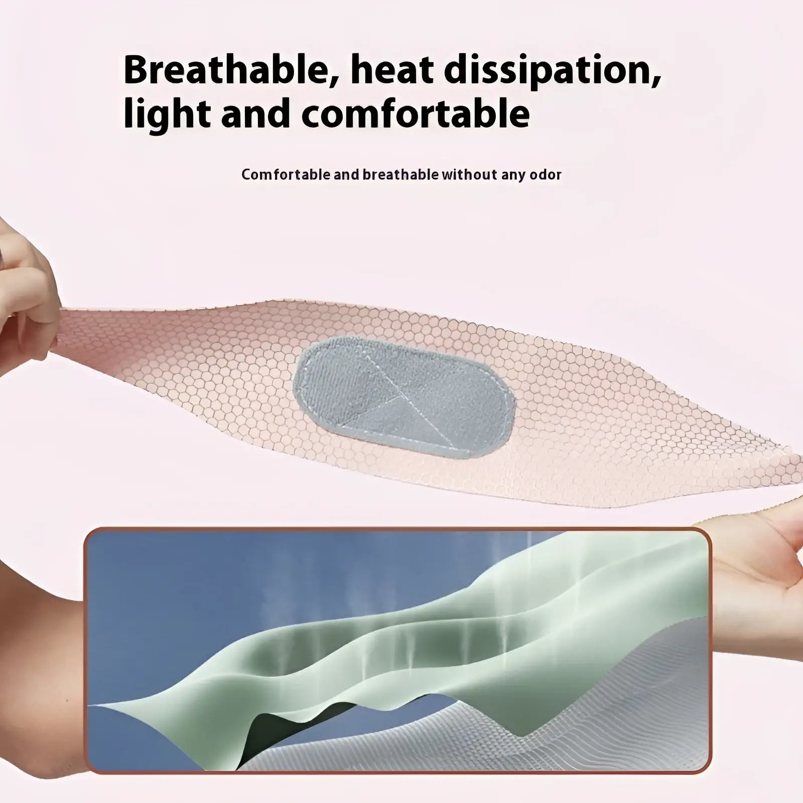 Pink honeycomb wrist guard made of light pink breathable mesh with gray oval adhesive patch for sports and sprain recovery