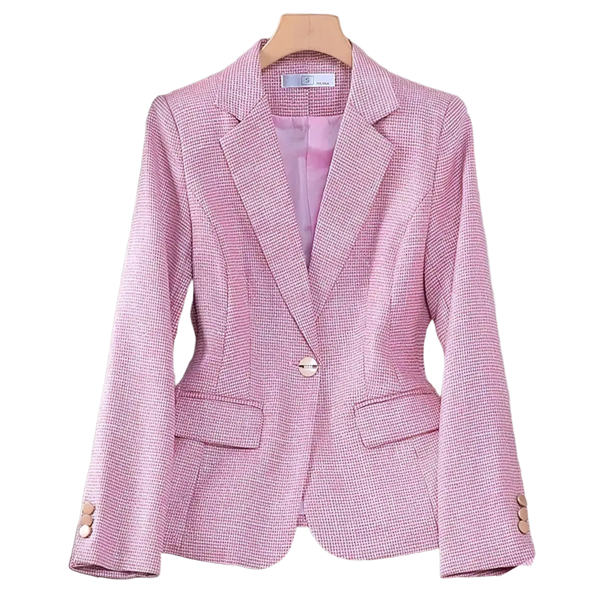 Pink houndstooth women pant suit professional blazer with single button closure and matching pink inner lining