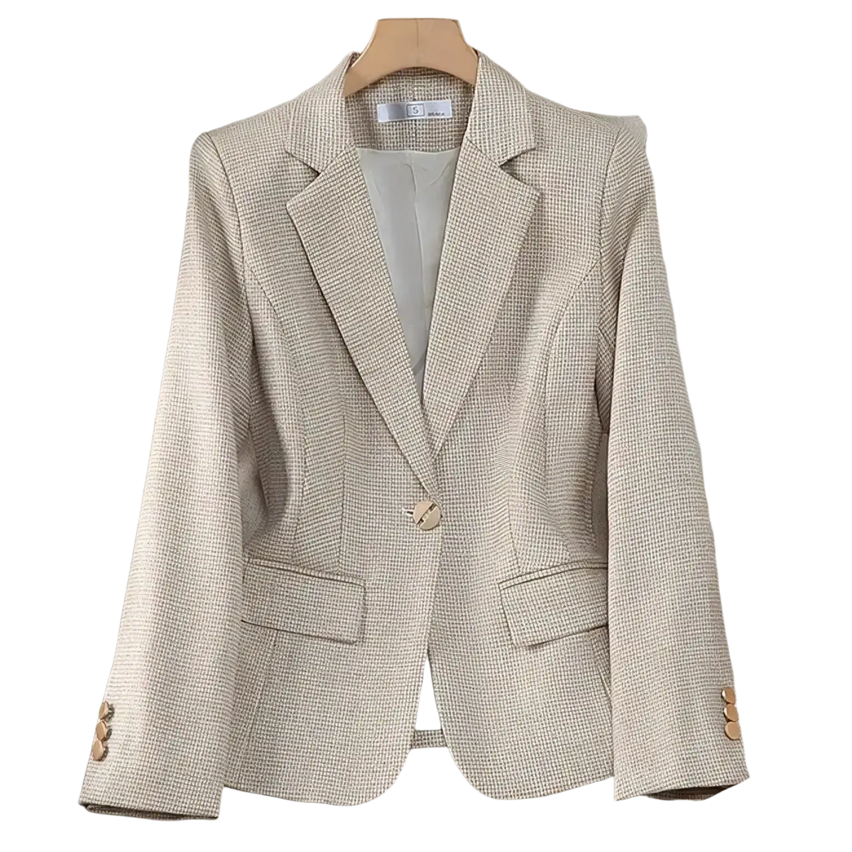 Beige herringbone blazer with gold-tone buttons and flap pockets in pink houndstooth women pant suit professional blazer