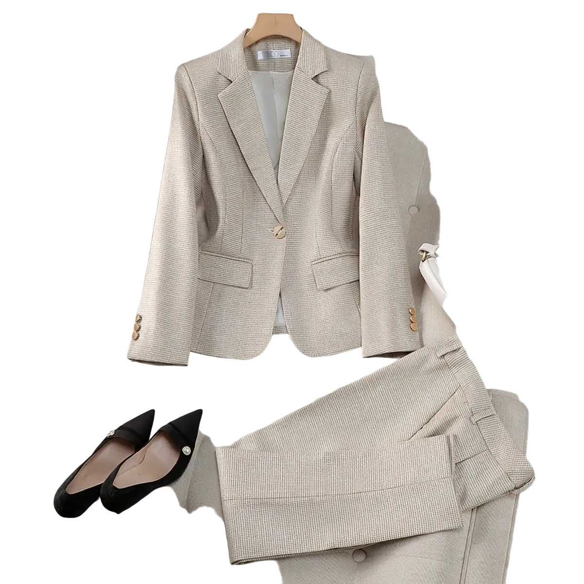 Beige tweed women pant suit with gold tone buttons and matching trousers for professional blazer use