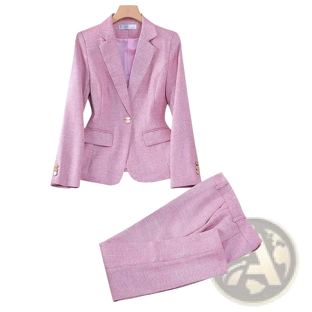 Pink houndstooth women pant suit with a herringbone pattern featuring a professional blazer and matching pants