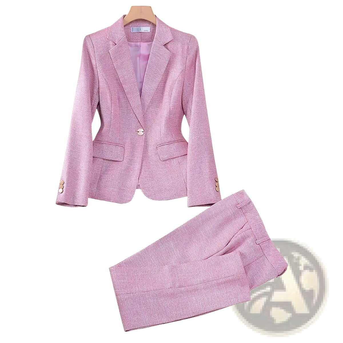 Pink houndstooth women pant suit with a herringbone pattern featuring a professional blazer and matching pants