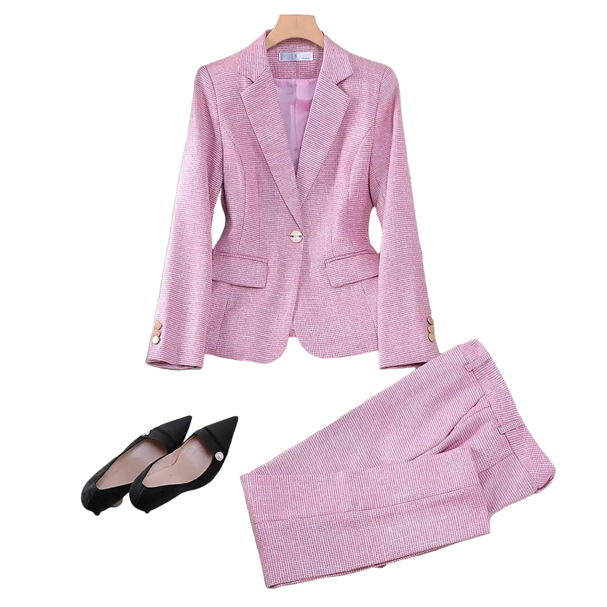 Pink houndstooth women pant suit featuring a pink herringbone tweed blazer with single button closure and matching trousers