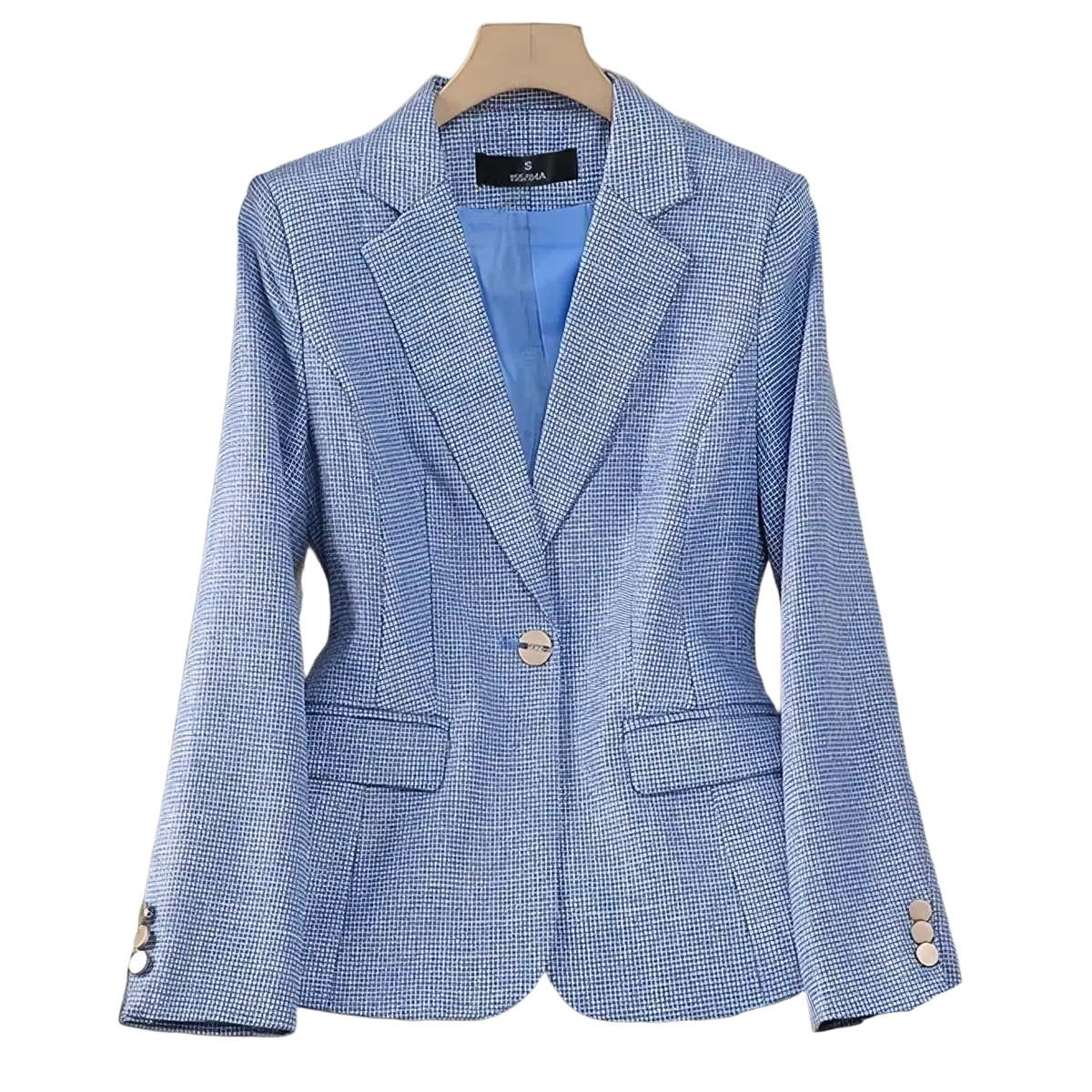 Light blue tailored blazer with subtle checkered pattern and gold-toned buttons for professional women pant suit