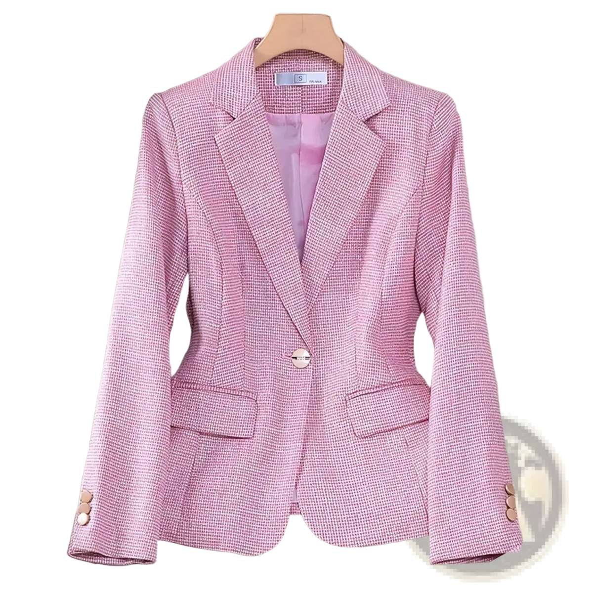Pink houndstooth women pant suit professional blazer with single button closure and matching pink inner lining