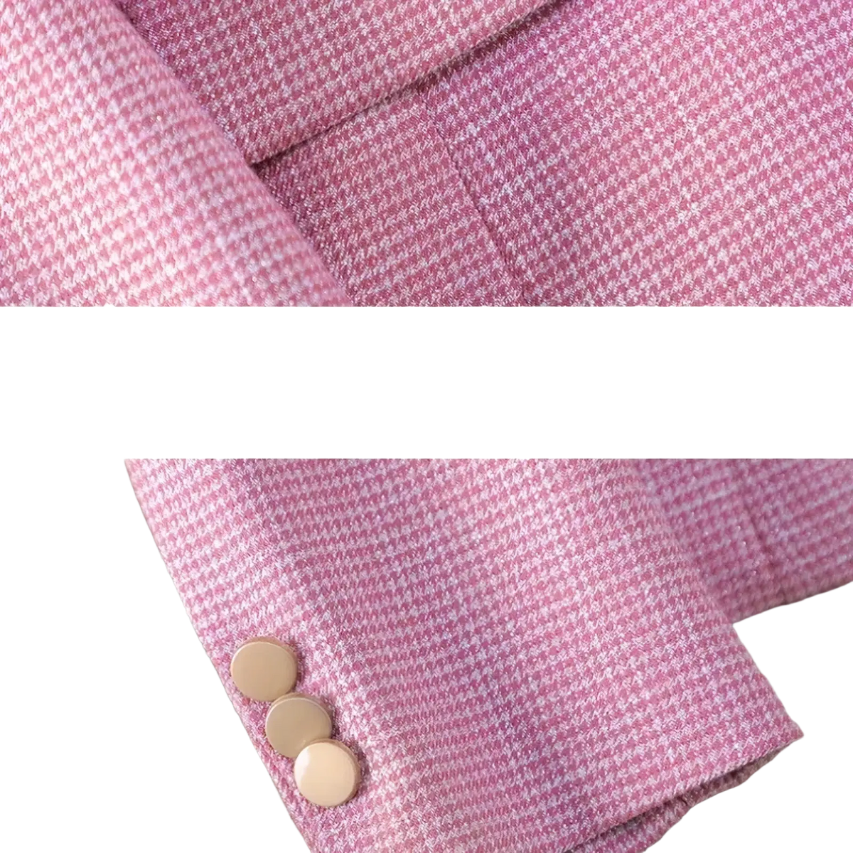 Pink houndstooth women pant suit professional blazer made of wool with three beige buttons for formal wear