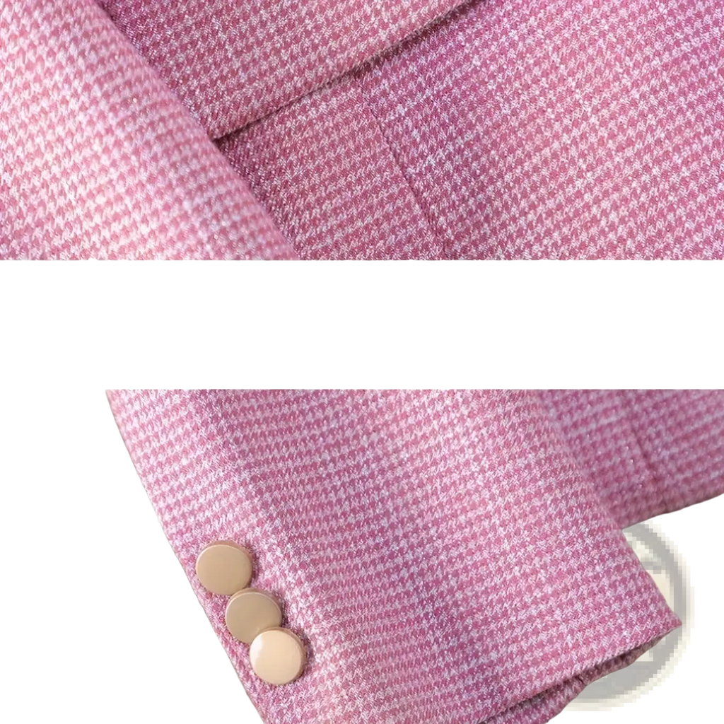 Pink houndstooth women pant suit professional blazer made of wool with three beige buttons for formal wear