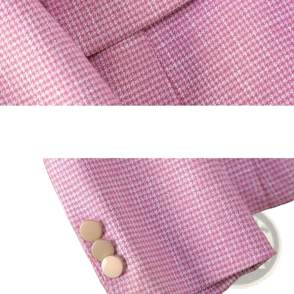 Pink houndstooth women pant suit professional blazer made of wool with three beige buttons for formal wear