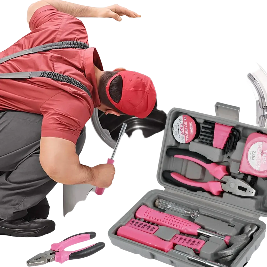 Pink household tool set with pink and black handles in a gray plastic case including screwdrivers pliers and tape measure
