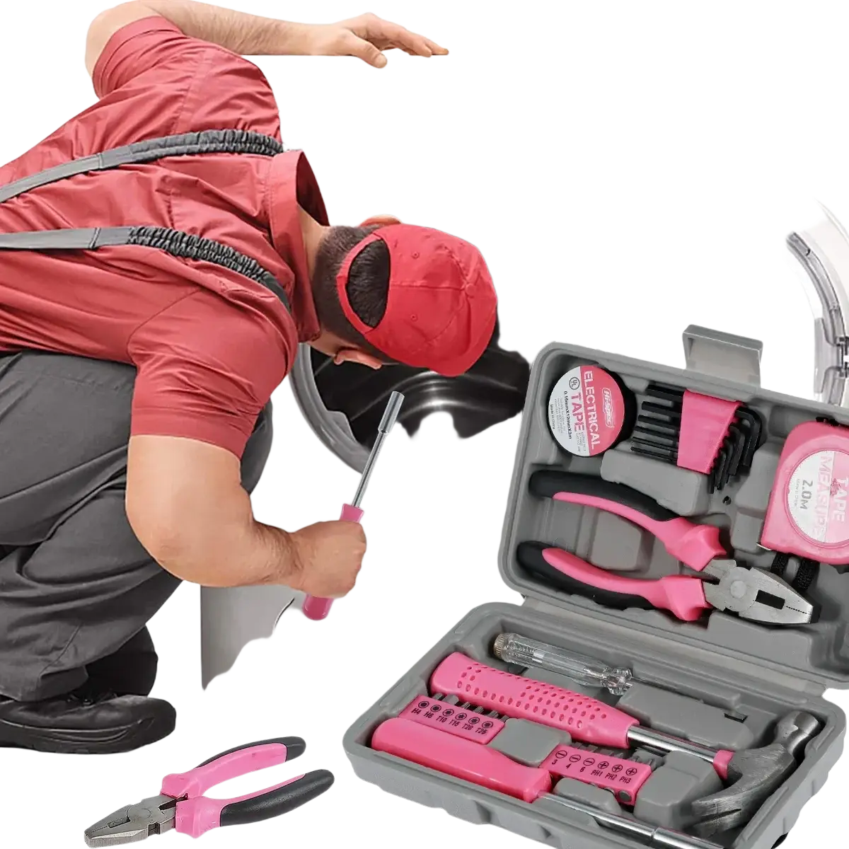 Pink household tool set with pink and black handles in a gray plastic case including screwdrivers pliers and tape measure