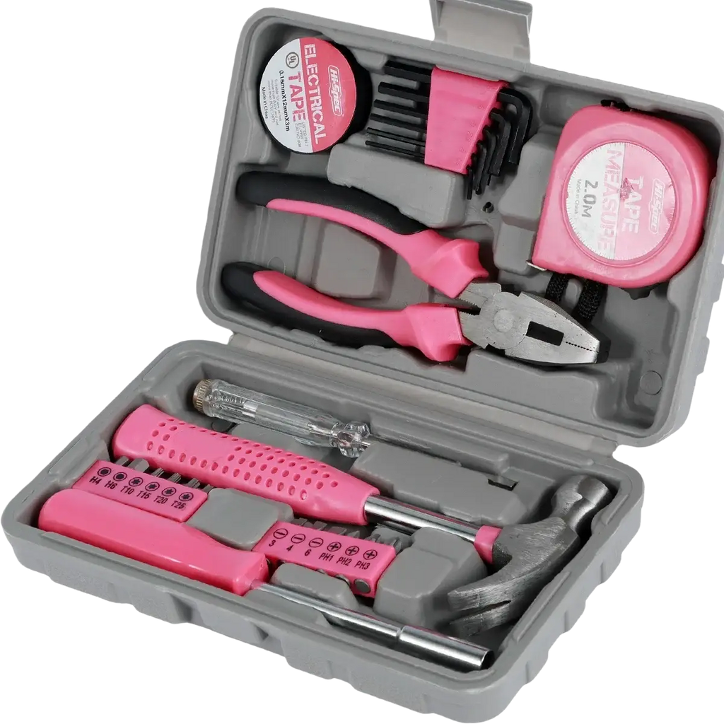 Pink and black handled household tool set with storage gray plastic case for organized home repairs