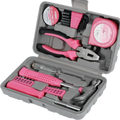 Pink and black handled household tool set with storage gray plastic case for organized home repairs